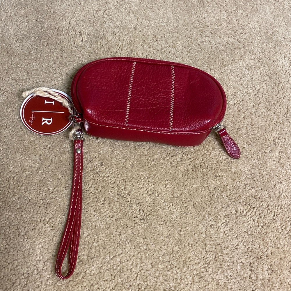 Celsius Red Genuine Leather Wristlet Leopard Print Interior Silvertone Hardware